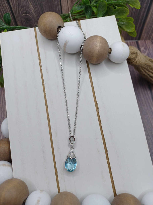 Silver Dainty Necklace w/ Blue Rhinestone Pendant