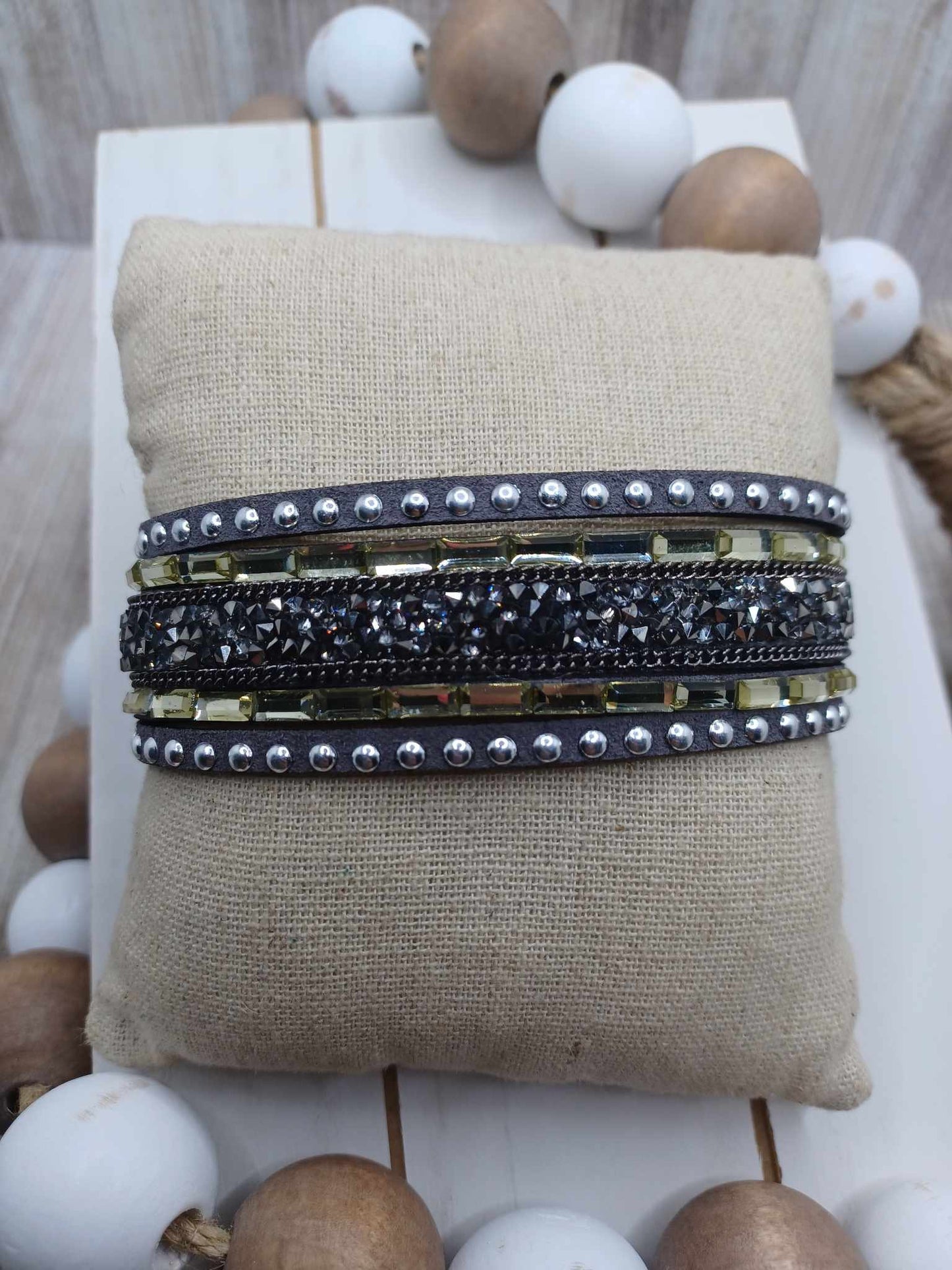 Grey Suede Bracelet w/ White & Crushed Rhinestones