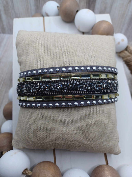 Grey Suede Bracelet w/ White & Crushed Rhinestones
