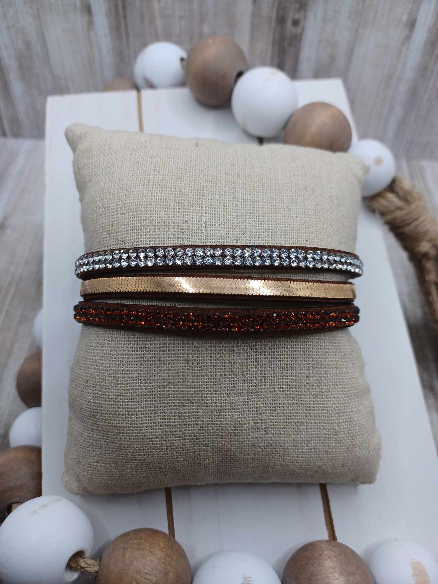 Brown Suede Bracelet w/ Rhinestones & Chain Detail