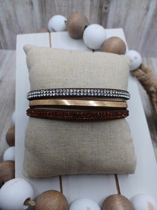 Brown Suede Bracelet w/ Rhinestones & Chain Detail