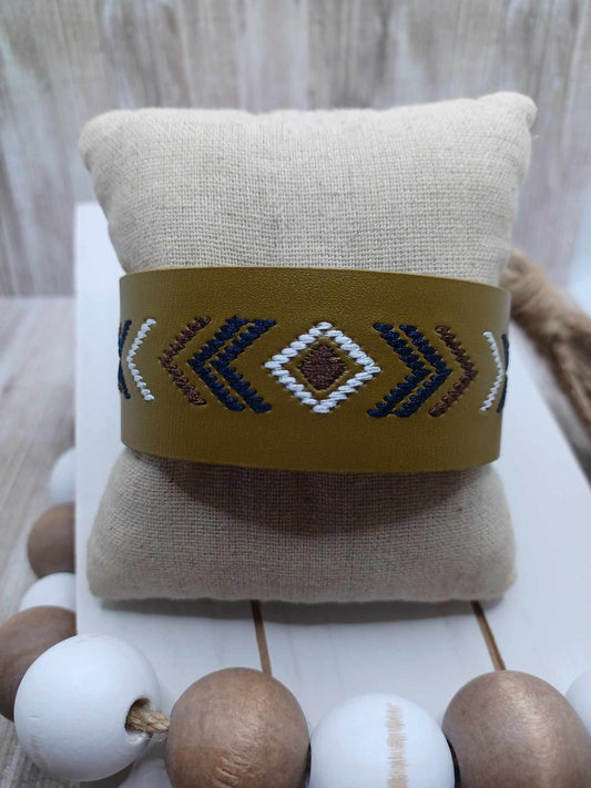 Green Leather Style Bracelet w/ Embroidered Detail