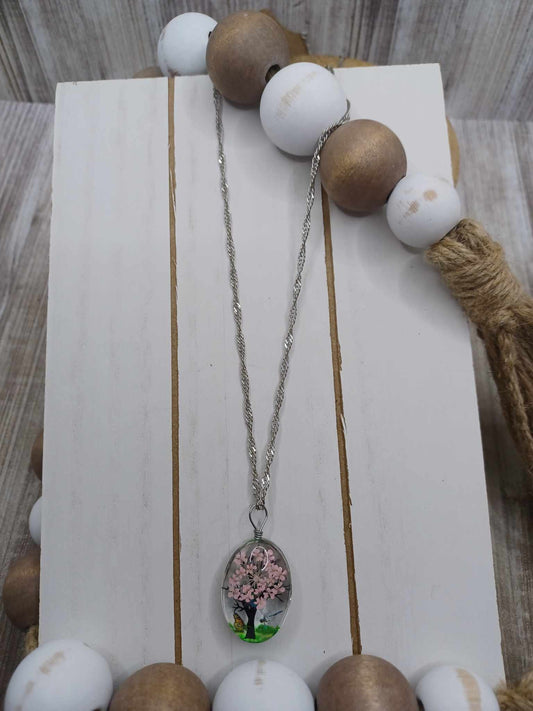 Light Pink Tree Pendant Necklace on a Silver Chain