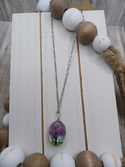 Purple Tree Pendant Necklace on a Silver Chain