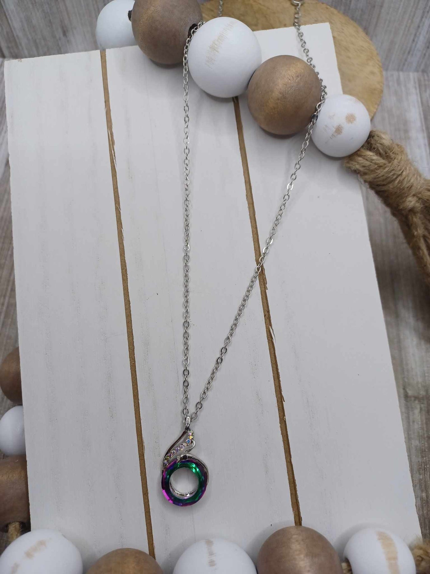Silver Peacock Necklace w/ Oil Spill Detail