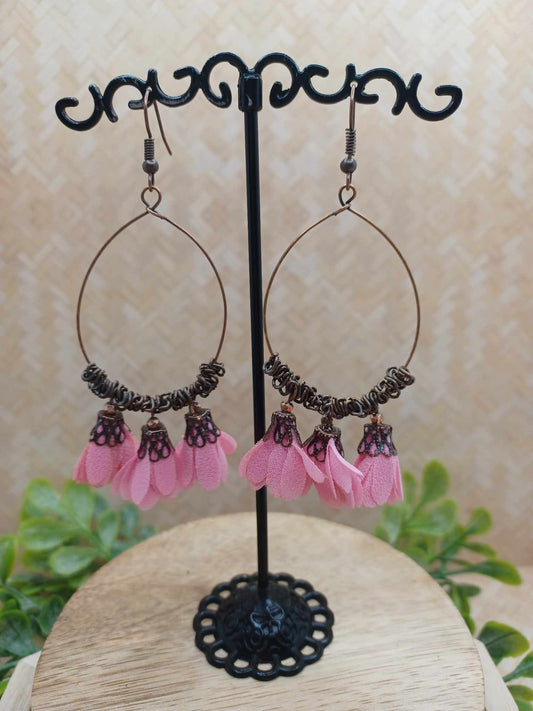 Copper Teardrop Earrings w/ Pink Flower Tassels