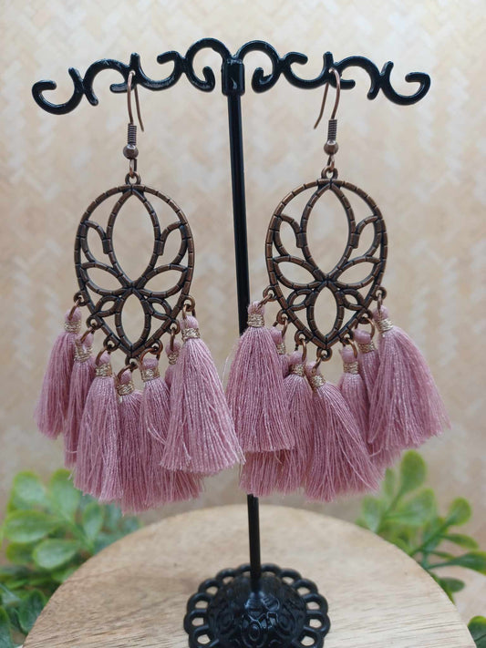 Copper Design Earrings w/ Ash Pink Tassels