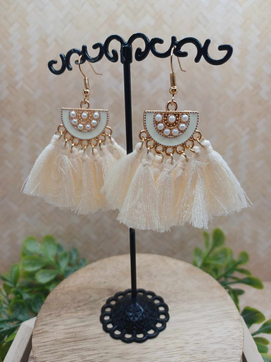 Cream Tassel Earrings w/ White Enamel & Pearl Detailing