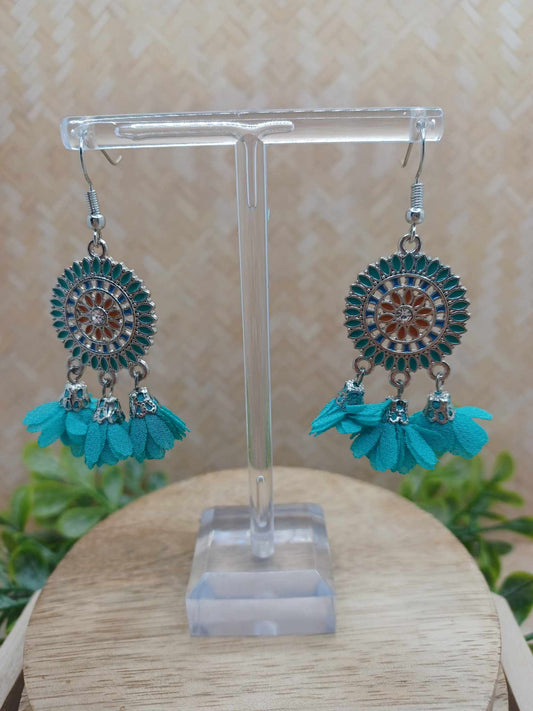 Teal Flower Tassel Earrings