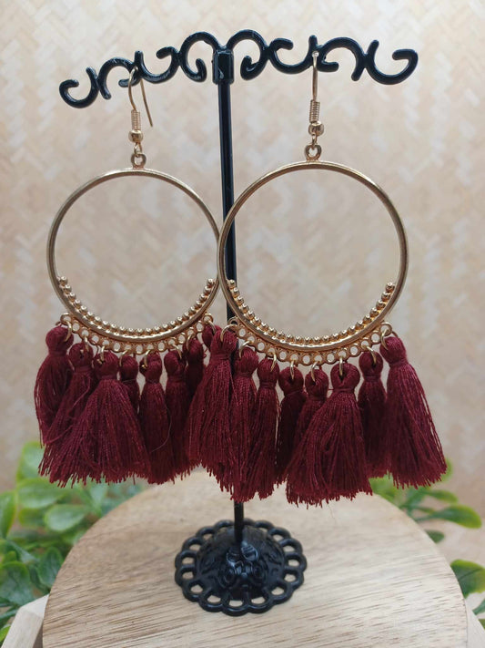 Deep Magenta Tassel Earrings w/ Gold Detail
