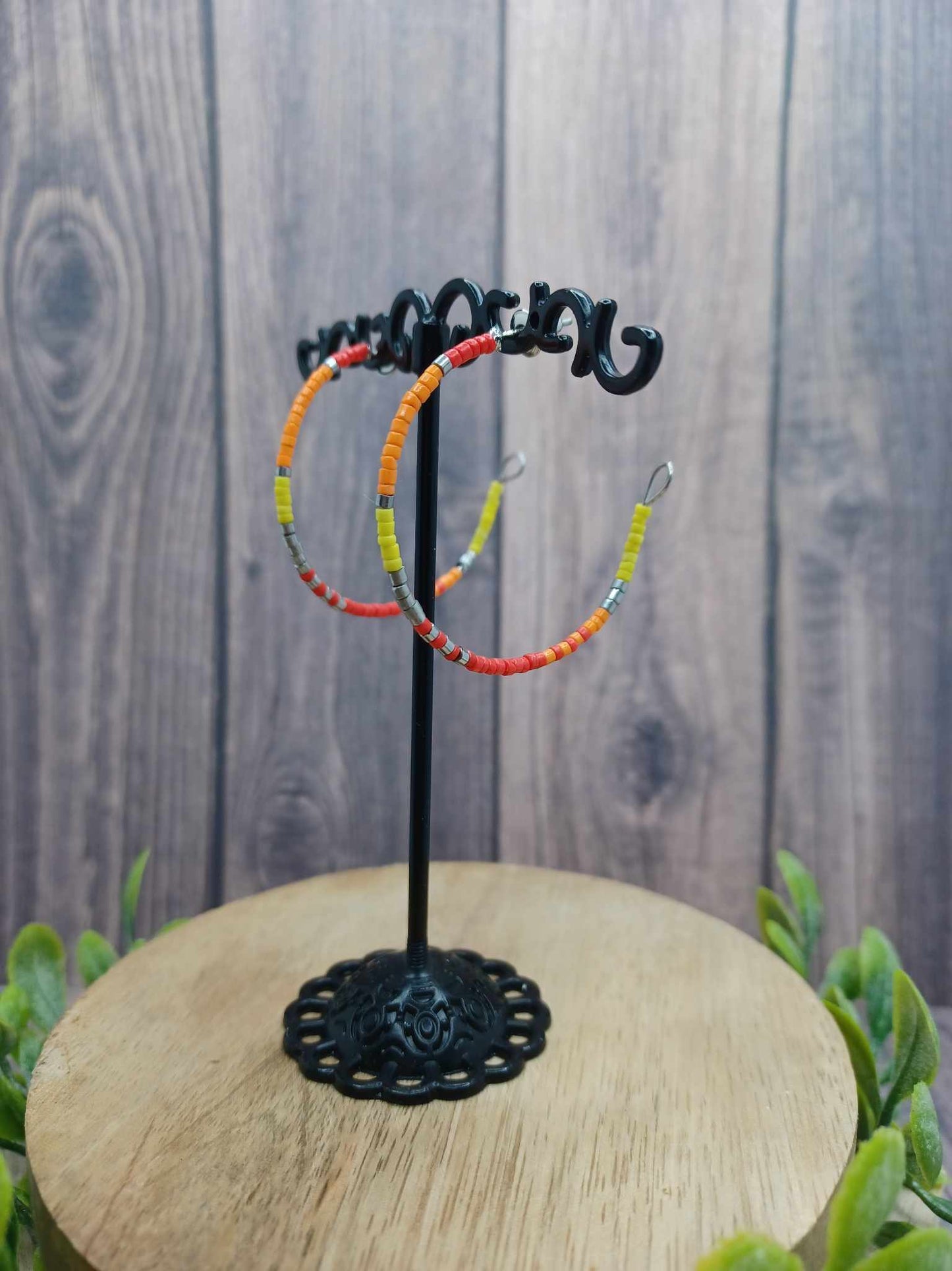 Orange, Yellow, & Red Beaded Hoop Earrings