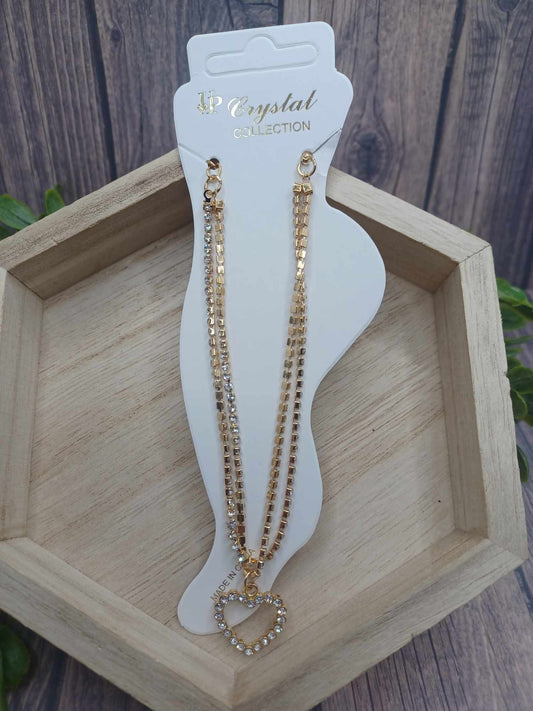 Gold Double Layered Anklet w/ Rhinestones & Heart Charm