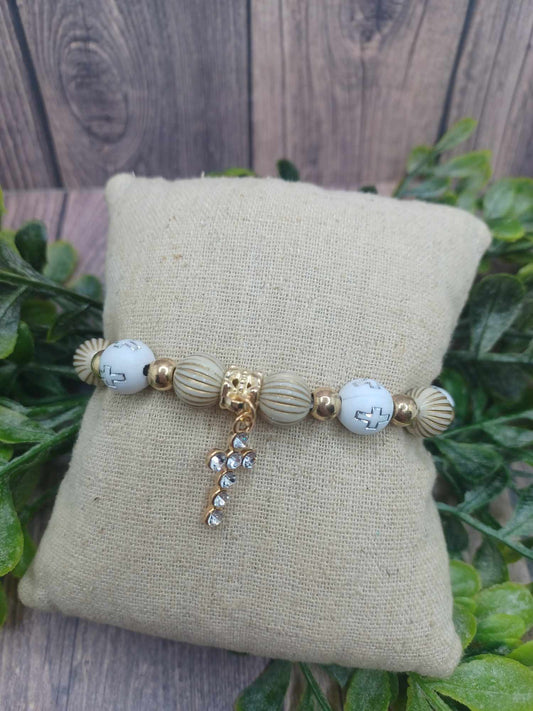 White, Tan, & Gold Beaded Cross Bracelet w/ Cross Charm