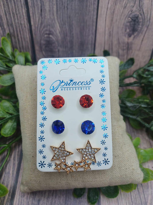 Red Rhinestone, Blue Rhinestone, & Gold Star Cluster Earrings Sets - Comes with 3 pairs