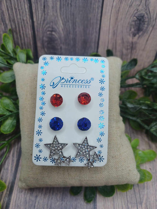 Red Rhinestone, Blue Rhinestone, & Silver Star Cluster Earrings Sets - Comes with 3 pairs
