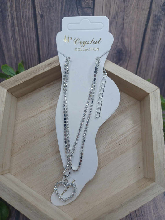Silver Double Layered Anklet w/ Rhinestones & Heart Charm