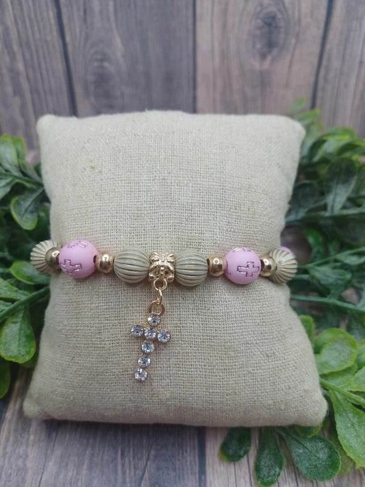 Pink, Tan, & Gold Beaded Cross Bracelet w/ Cross Charm