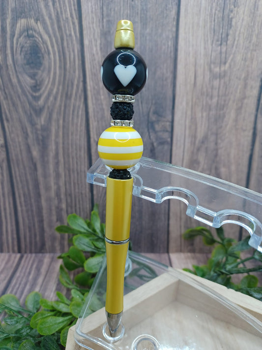 Black w/ Heart & Gold Beaded Ink Pen