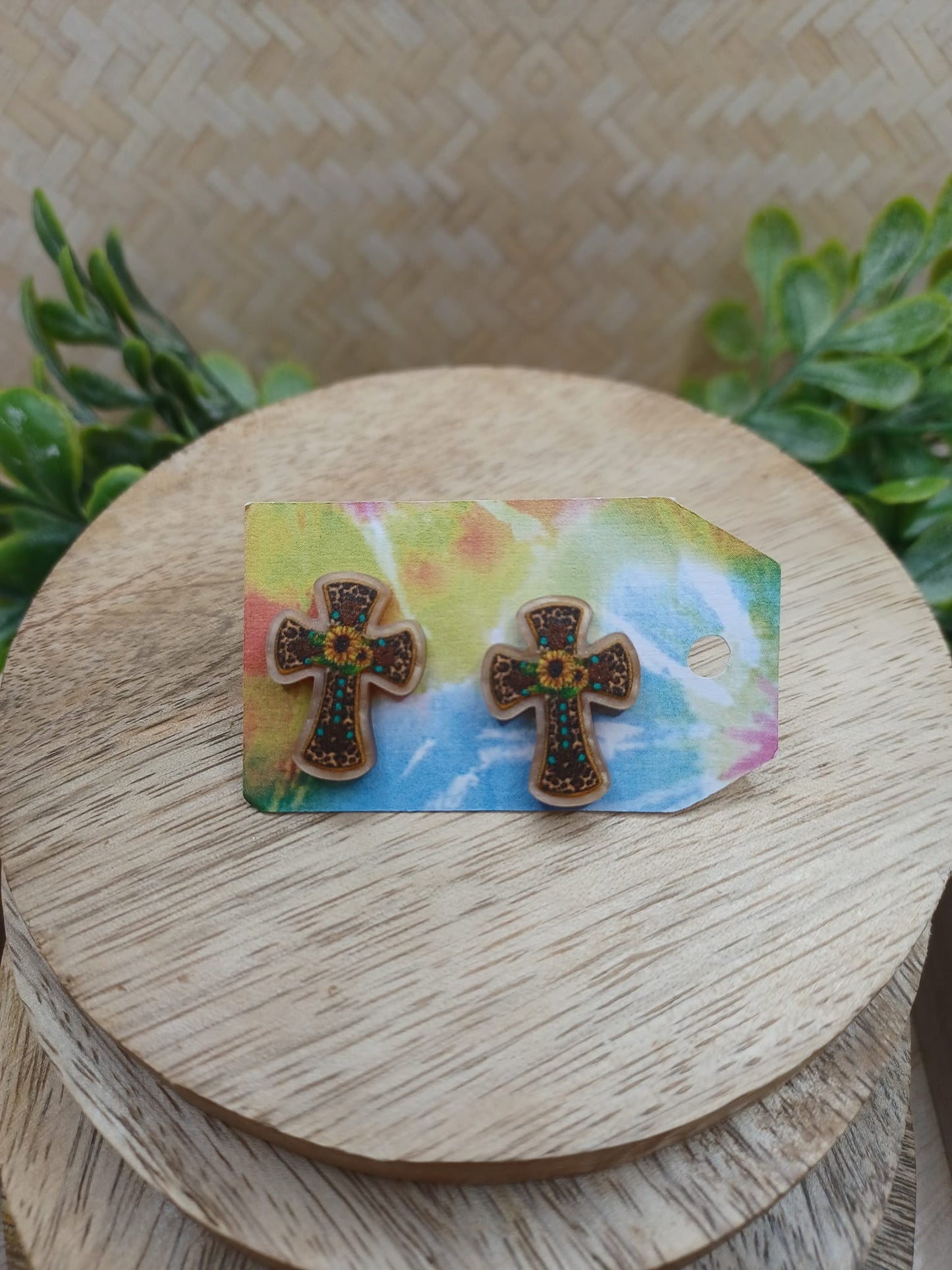 Leopard & Sunflower Wooden Cross Earrings