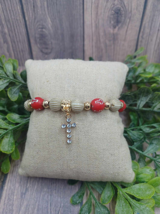 Red, Tan, & Gold Beaded Cross Bracelet w/ Cross Charm