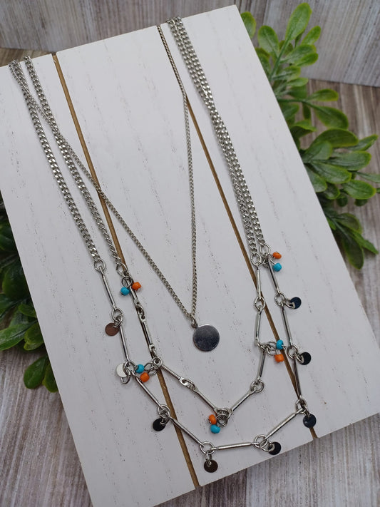 Silver Triple Layered Necklace w/ Turquoise & Orange Beading