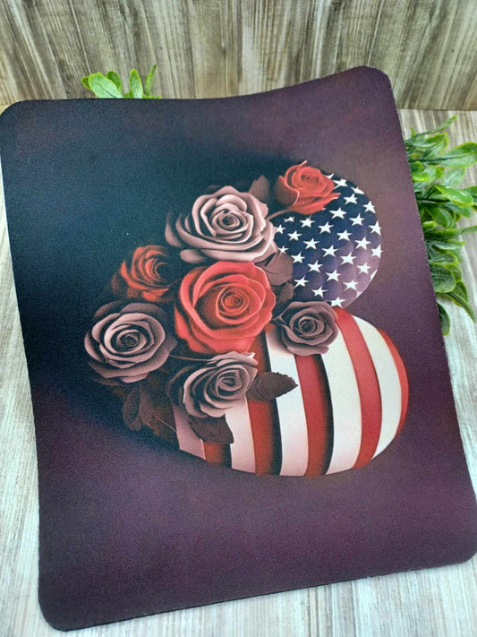 Red, White, & Blue Heart w/ Flowers Mouse Pad