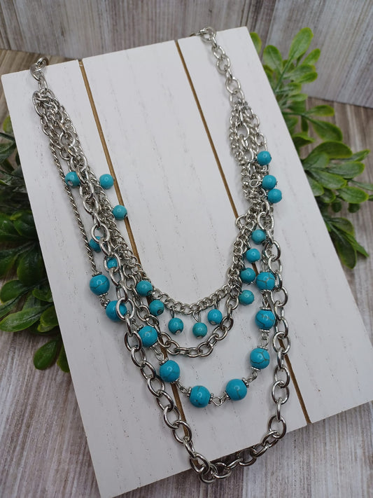 Silver Layered Necklace w/ Turquoise Crackle Stone Beading