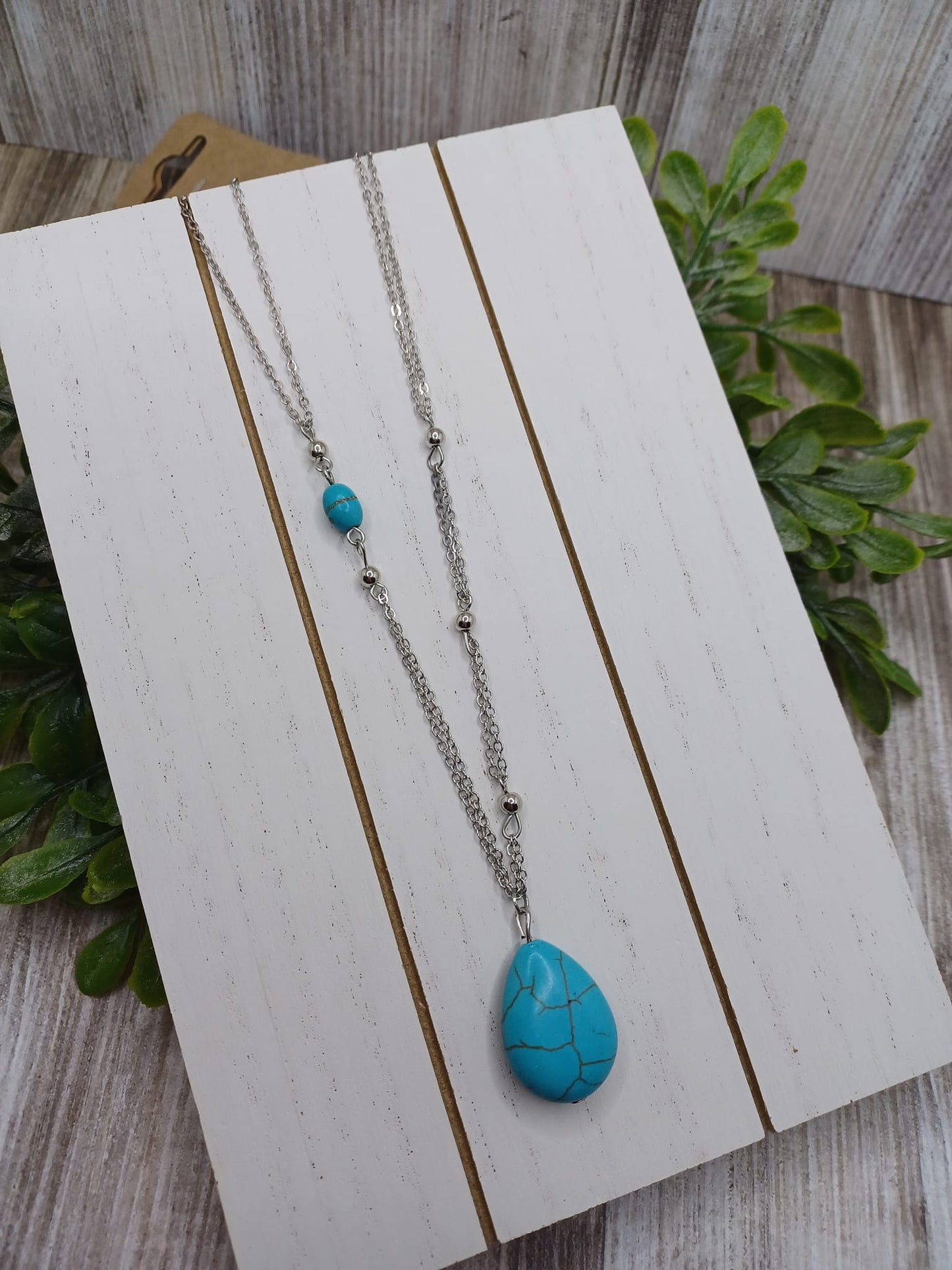 Silver Necklace w/ Turquoise Teardrop Beaded Pendant
