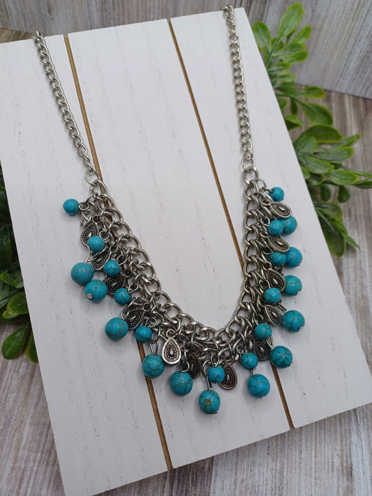 Silver Necklace w/ Turquoise Beading & Silver Teardrop Beading