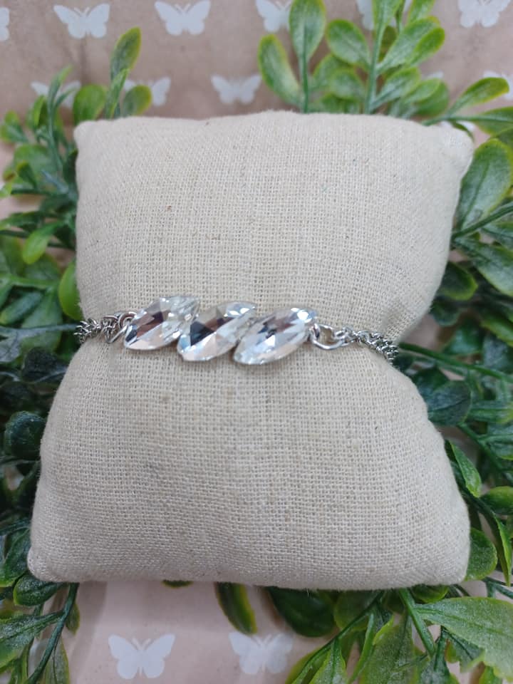 Silver Double Chain Bracelet w/ Triple Rhinestone Accent