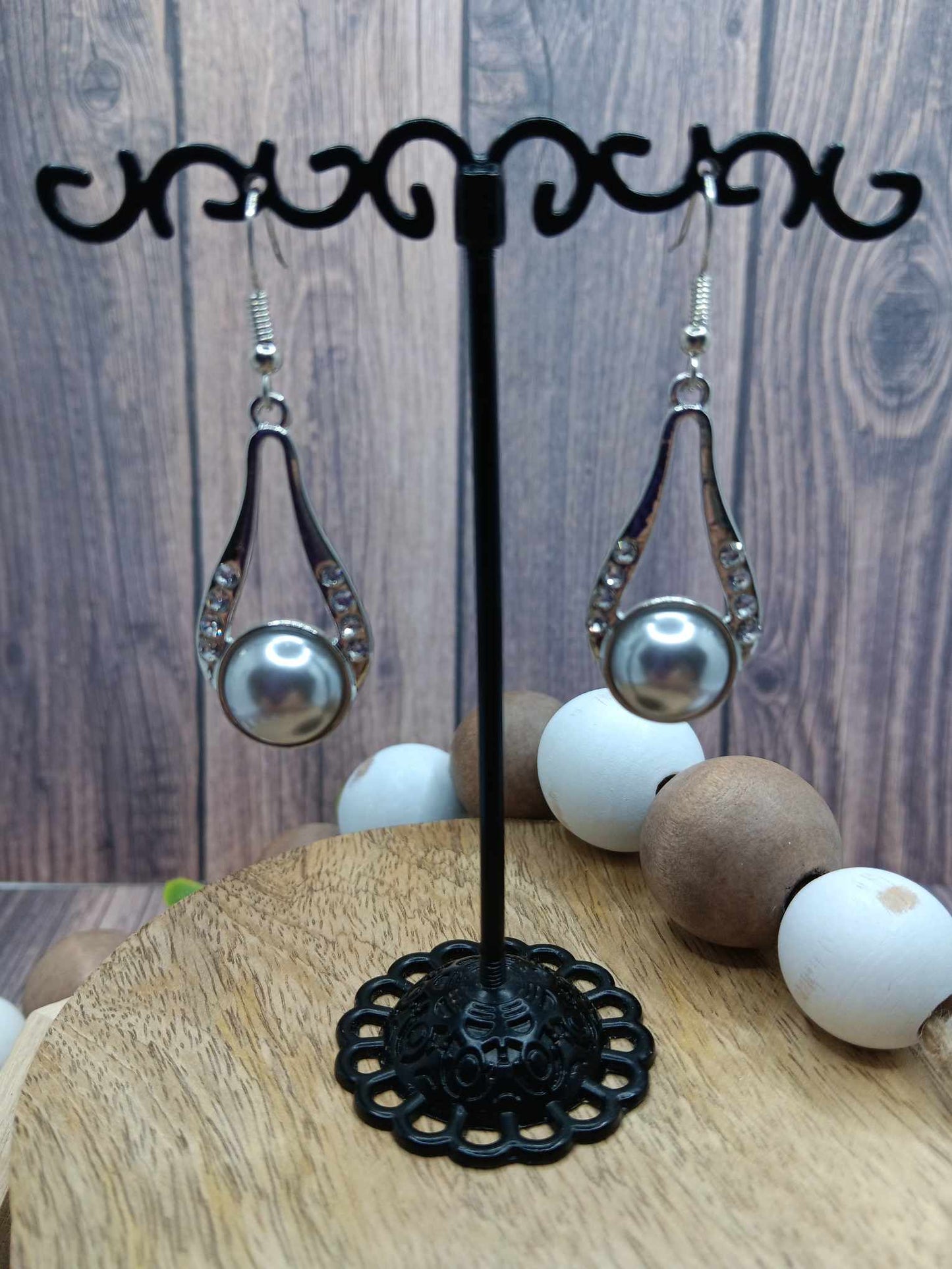 Silver Drop Earrings w/ Grey Pearl Accents