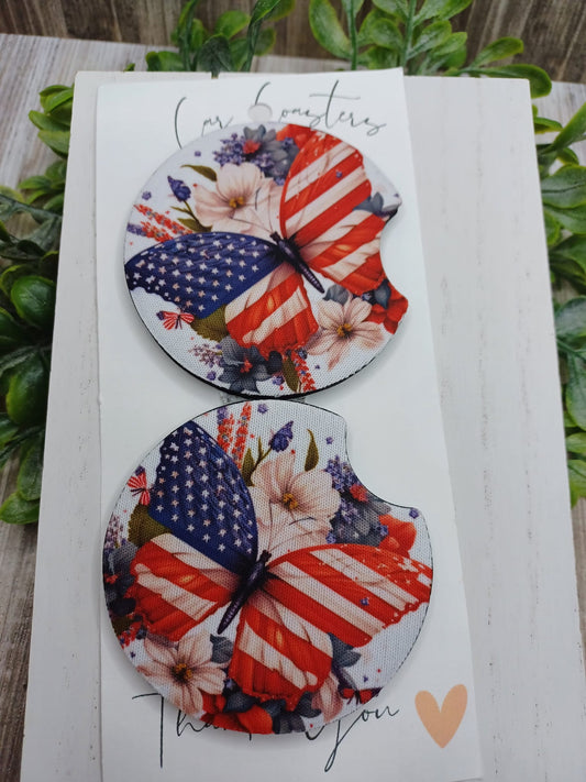 Red, White, & Blue American Flag Butterfly Car Coaster Set