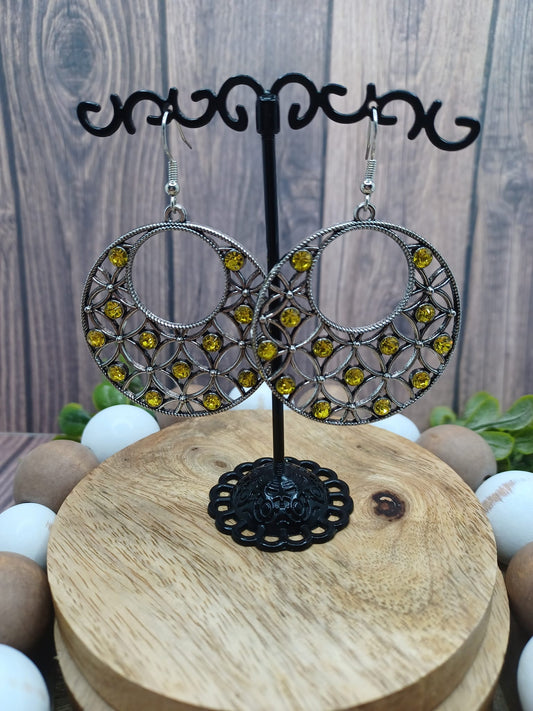 Silver Design Earrings w/ Yellow Rhinestones