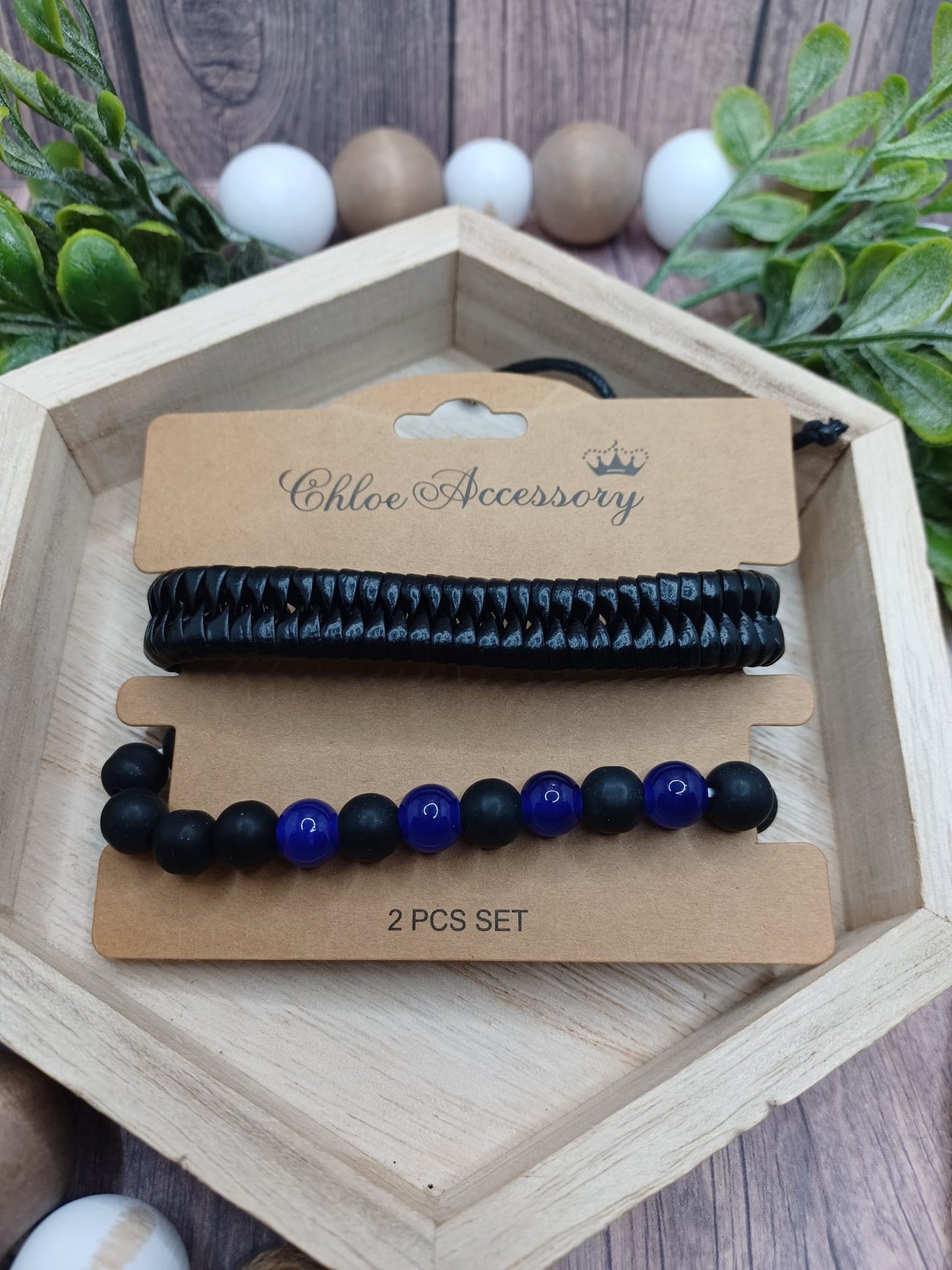 Black Leather Urban & Black/Blue Stretch Bracelet Set