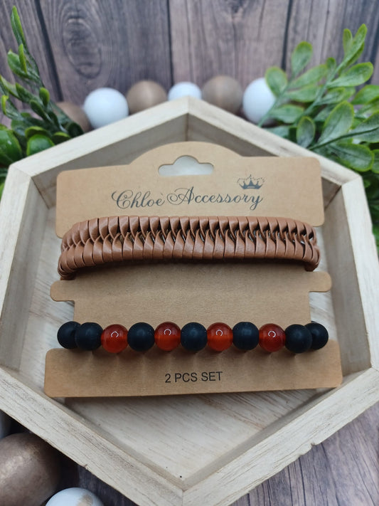 Light Brown Urban Bracelet & Orange/Black Stretch Bracelet Set