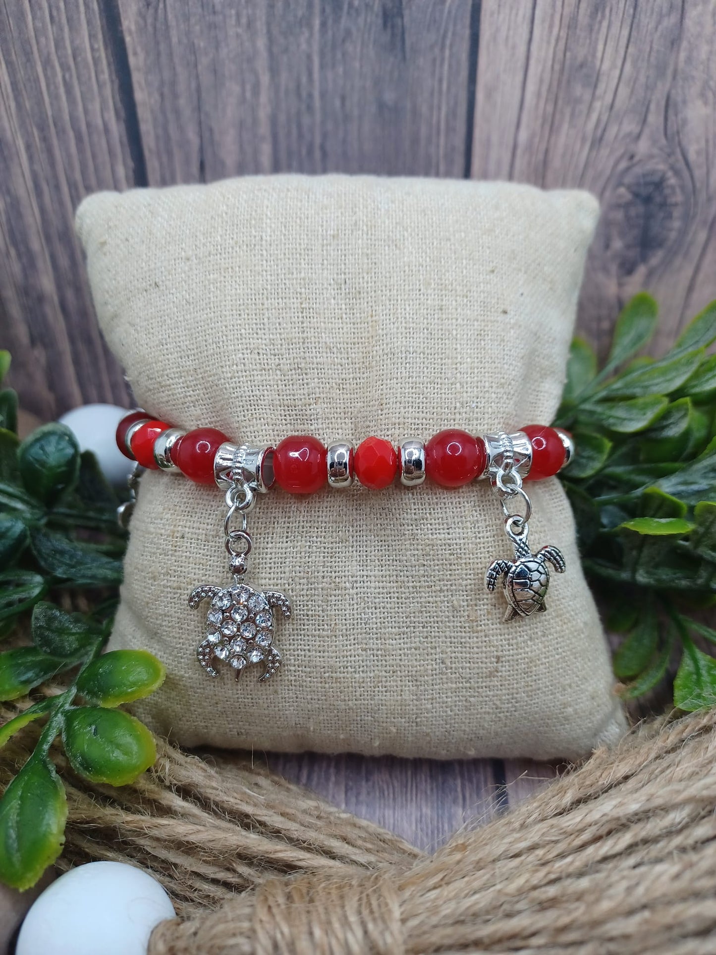 Red Beaded Sea Turtle Charm Bracelet