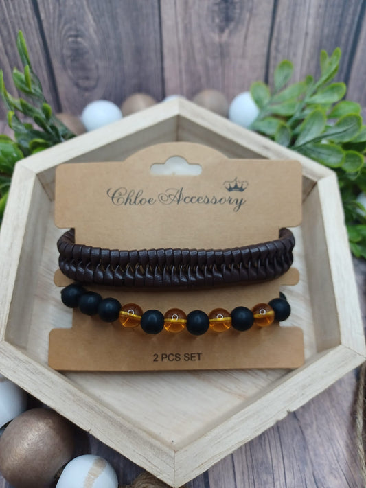 Dark Brown Urban Style Bracelet & Amber/ Black Stretch Bracelet Set