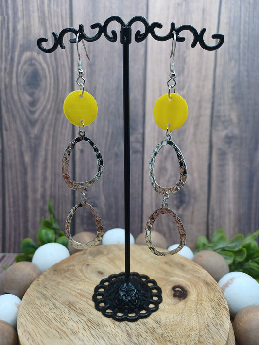 Silver Textured Teardrop Dangle Earrings w/ Yellow Discs