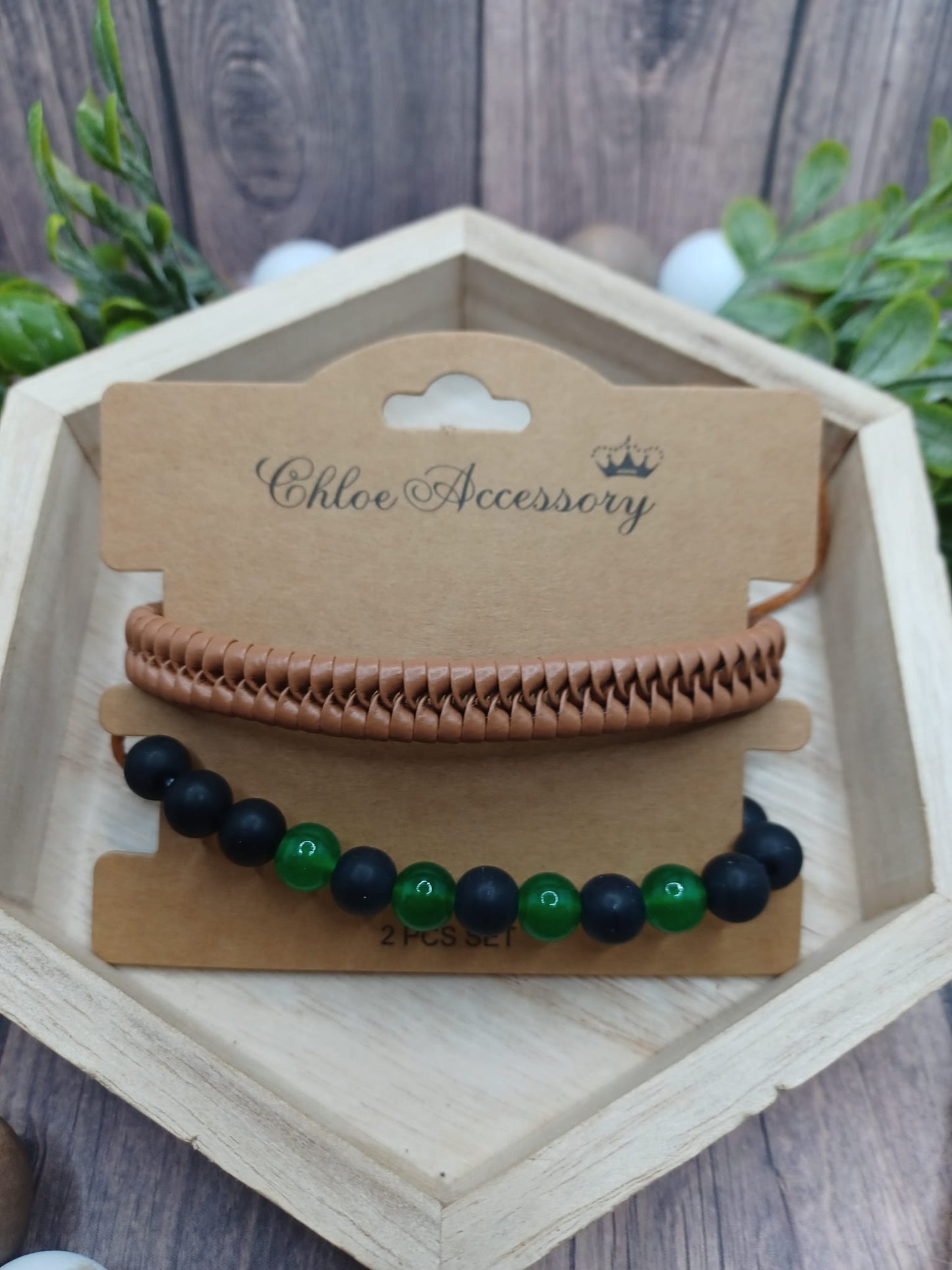 Light Brown Urban Bracelet & Green/Black Stretch Bracelet Set