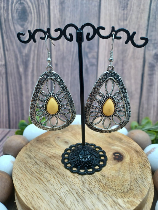 Silver Rounded Teardrop Earrings w/ Yellow Center Stone