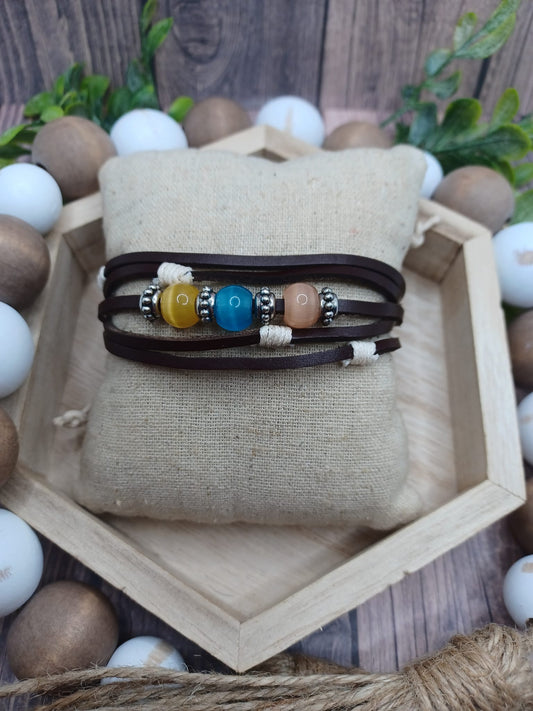 Brown Leather Style Urban Bracelet w/ Colorful Beading