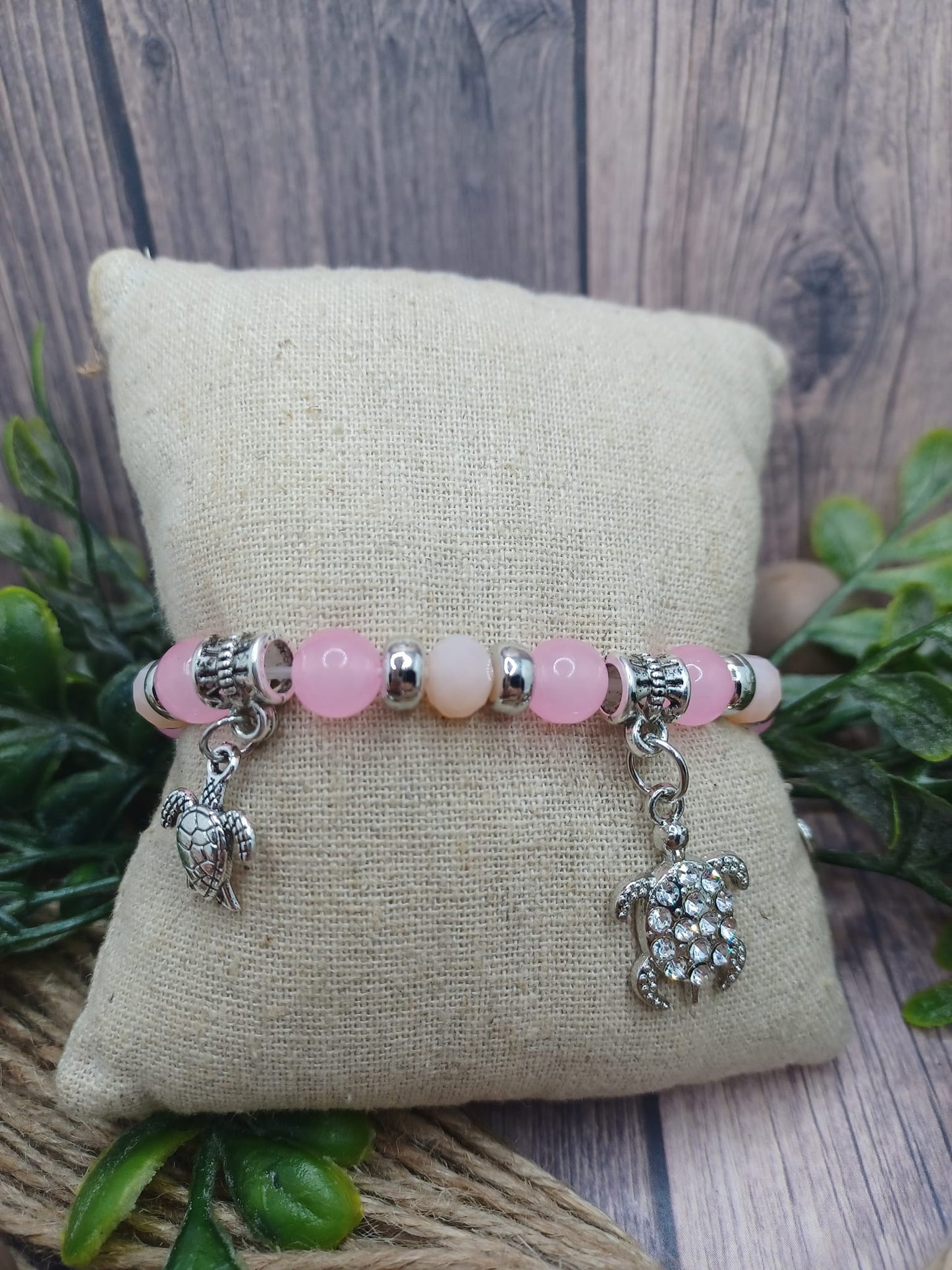 Pink Beaded Sea Turtle Charm Bracelet