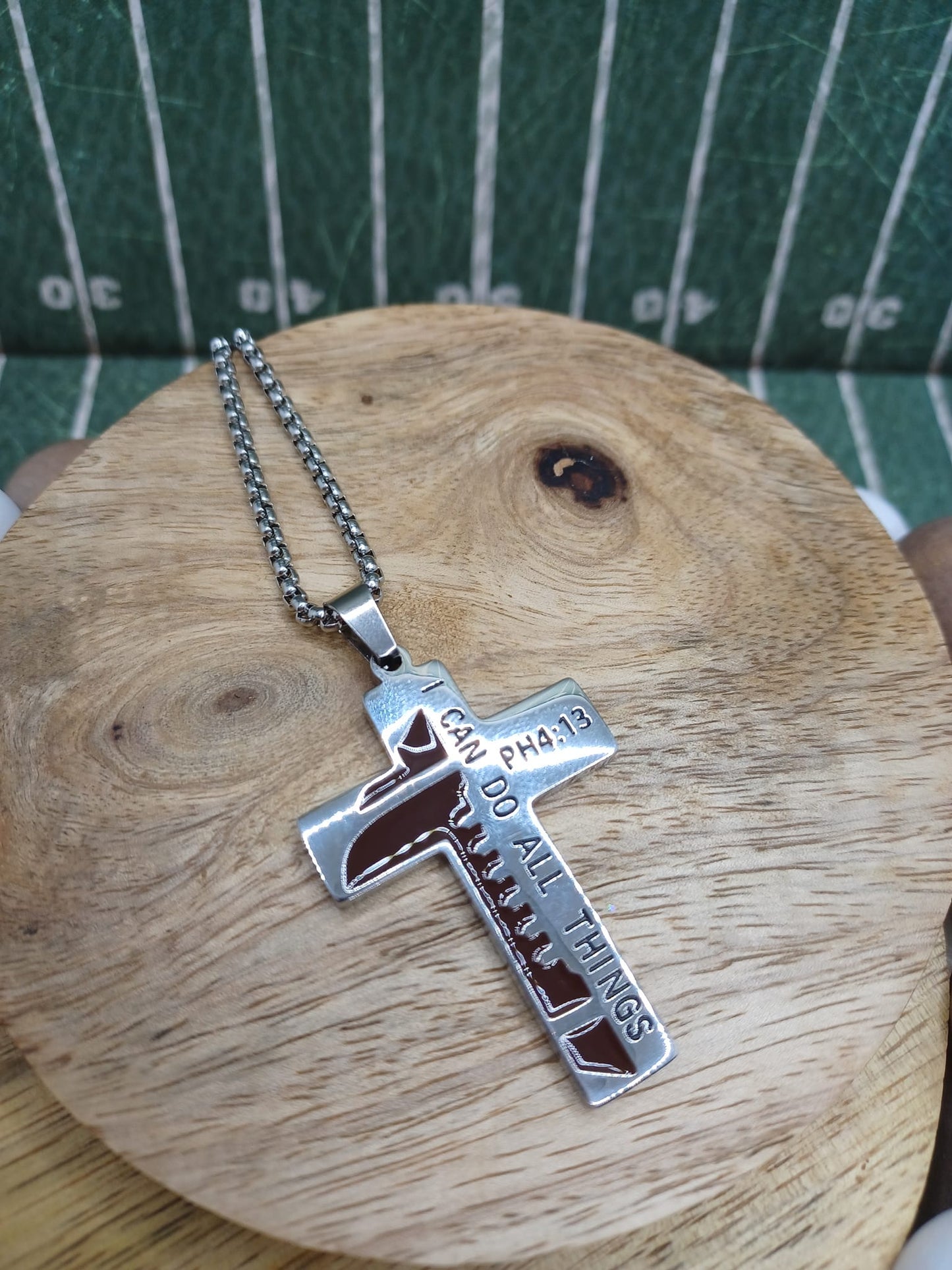 'I can do All Things" Football Cross Necklace