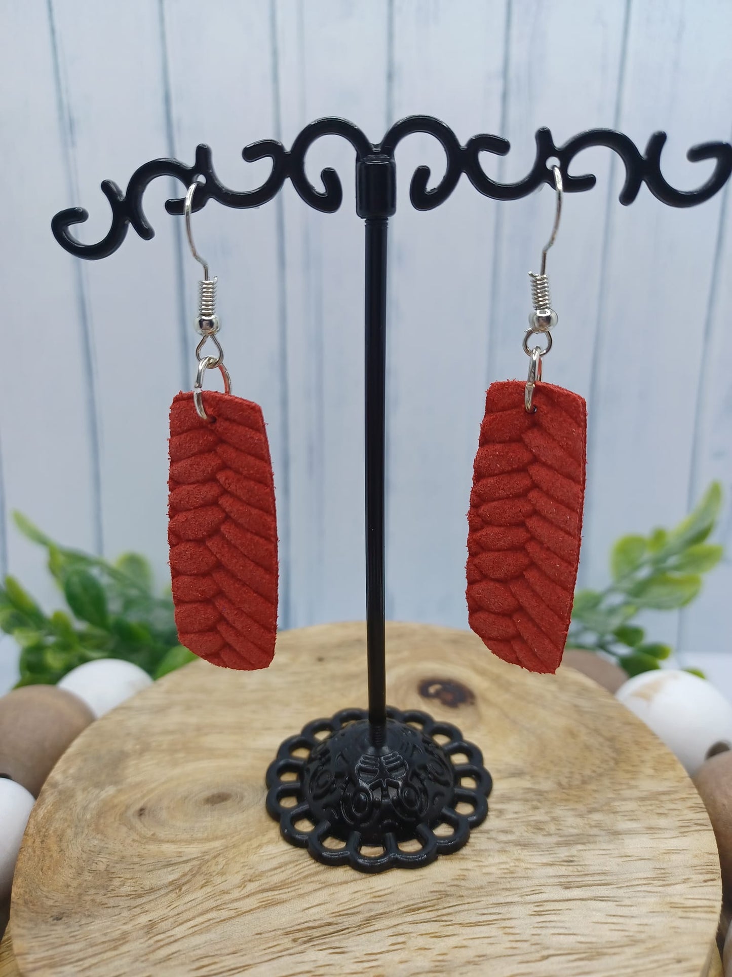 Red Woven Rectangular Leather Style Earrings