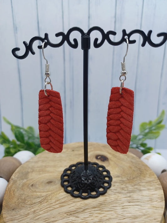 Red Woven Rectangular Leather Style Earrings