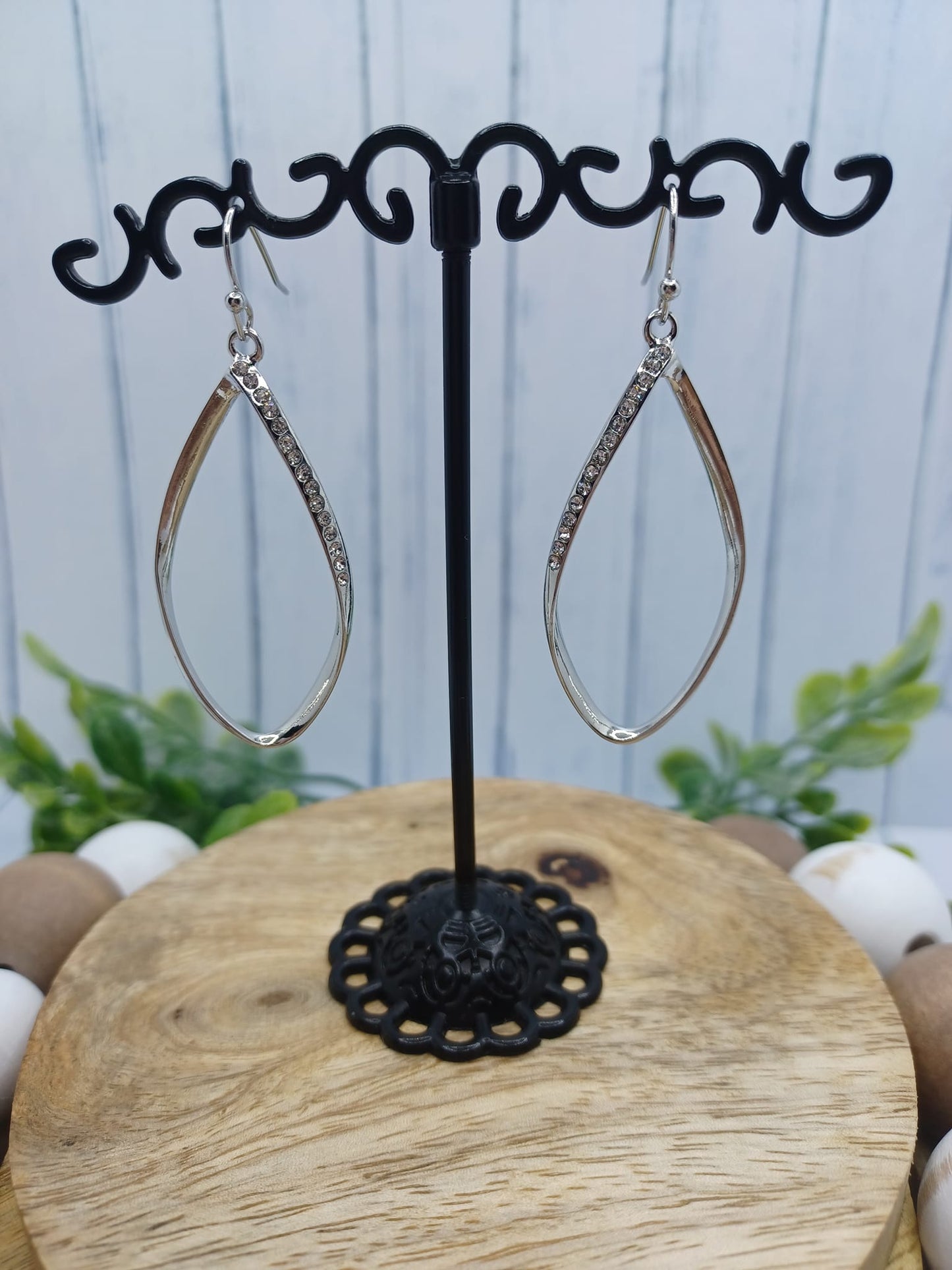 Silver Rounded Tear Drop Earrings w/ Rhinestones