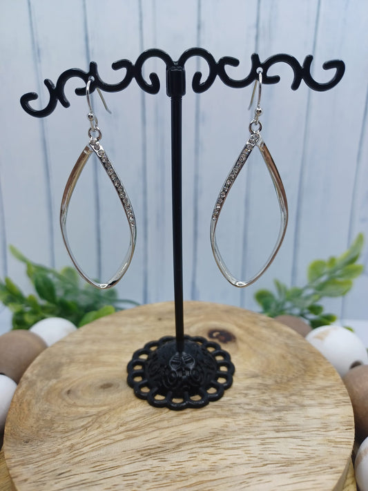 Silver Rounded Tear Drop Earrings w/ Rhinestones