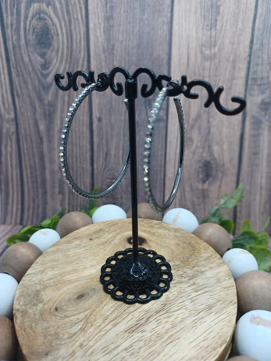 Gunmetal Hoop Earrings w/ White Rhinestones