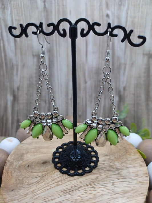 Silver Earrings w/ Sliver & Green Beading