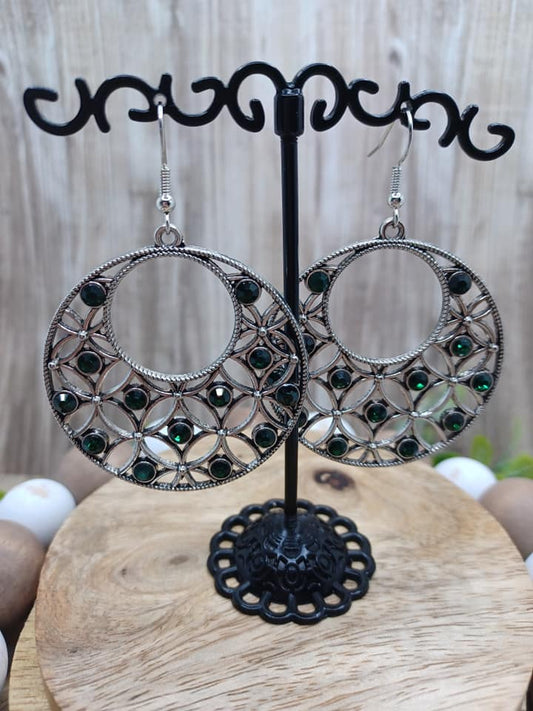 Silver Floral Design Earrings w/ Deep Green Rhinestones